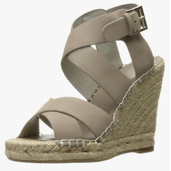 Joie Kaelyn Nude Leather Espadrille Wedge Sandals 38 Crisscross Ankle Strap Heel - Picture 1 of 13